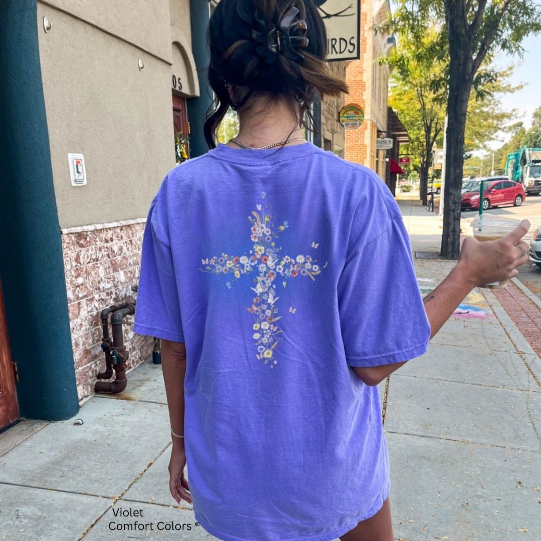 Floral Cross Unisex T-shirt with Butterflies