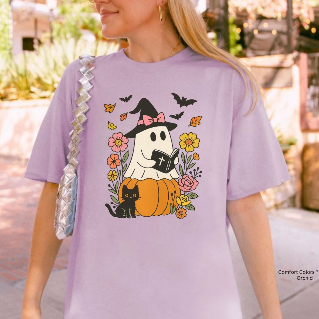 Ghost Reading Bible & Black Cat Unisex Tshirt