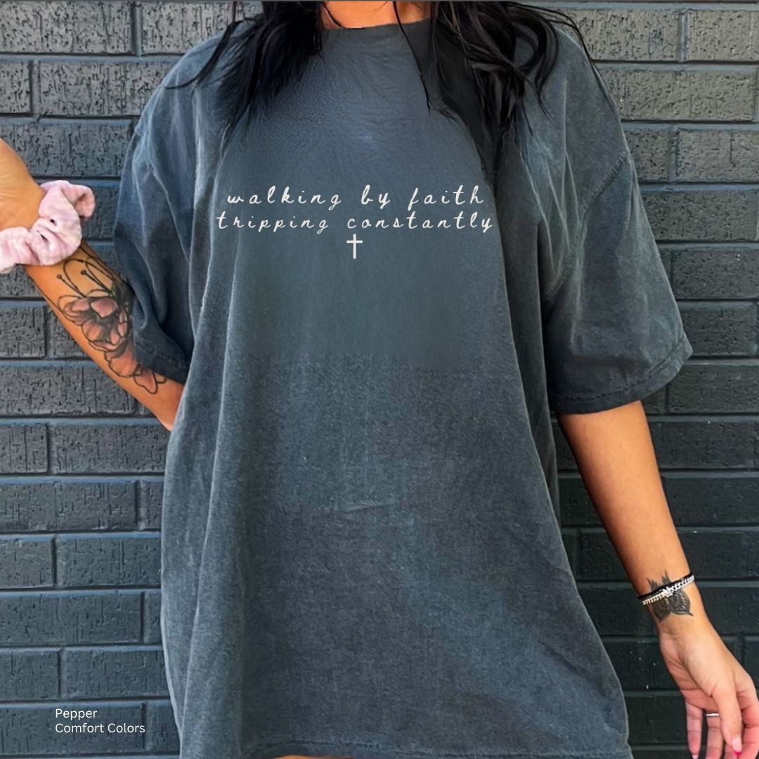 Walking by Faith, Tripping Constantly – Minimalist Christian Doodle Tee