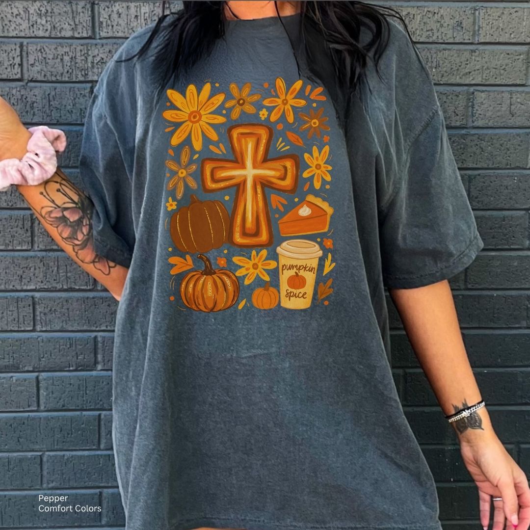 Fall Cross Unisex T-shirt with Pumpkin Spice Design