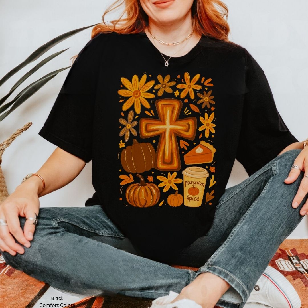 Fall Cross Unisex T-shirt with Pumpkin Spice Design