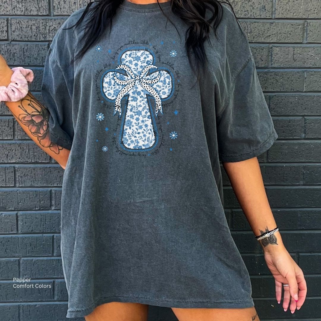 He Is Risen Blue Floral Toile Cross Unisex T-shirt