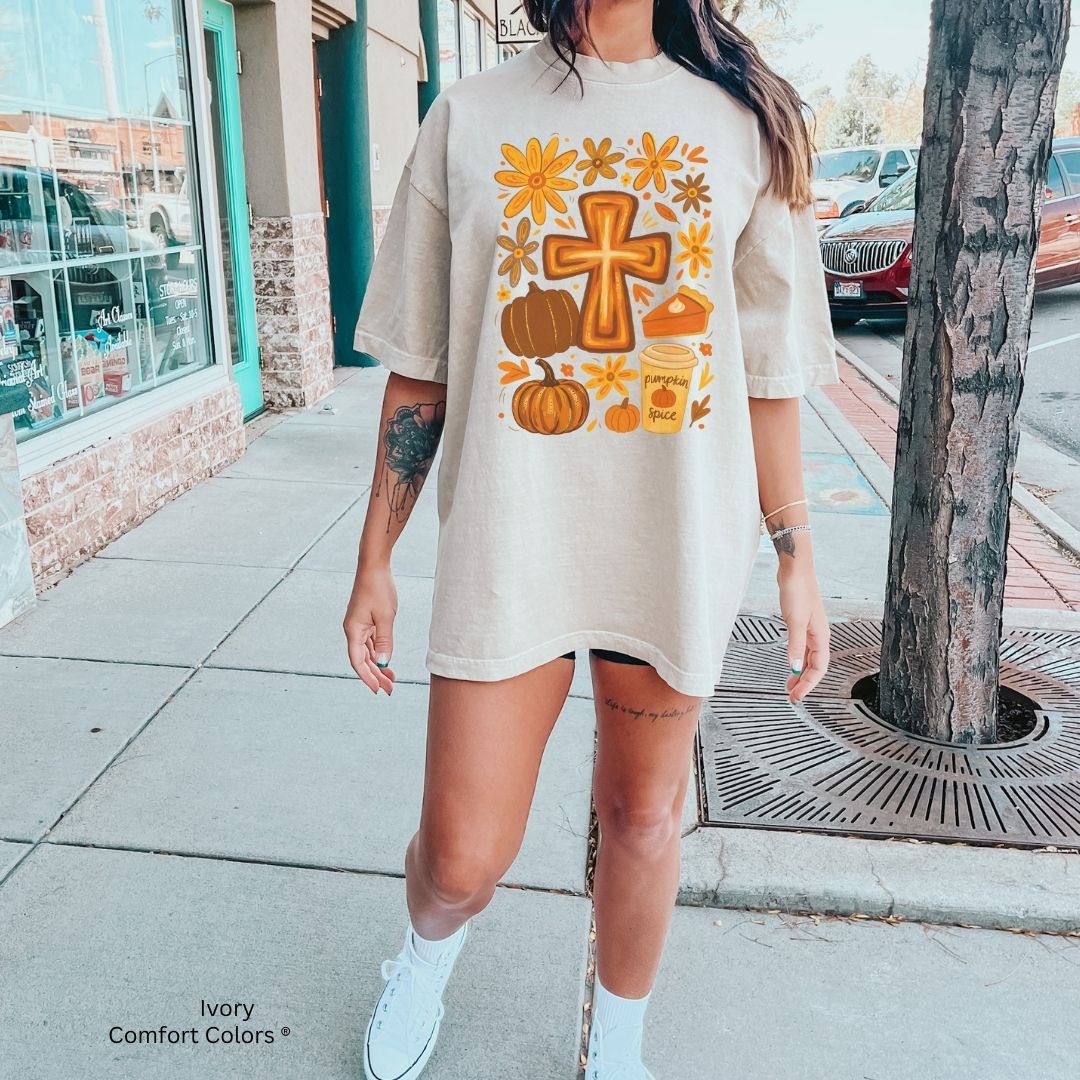 Fall Cross Unisex T-shirt with Pumpkin Spice Design
