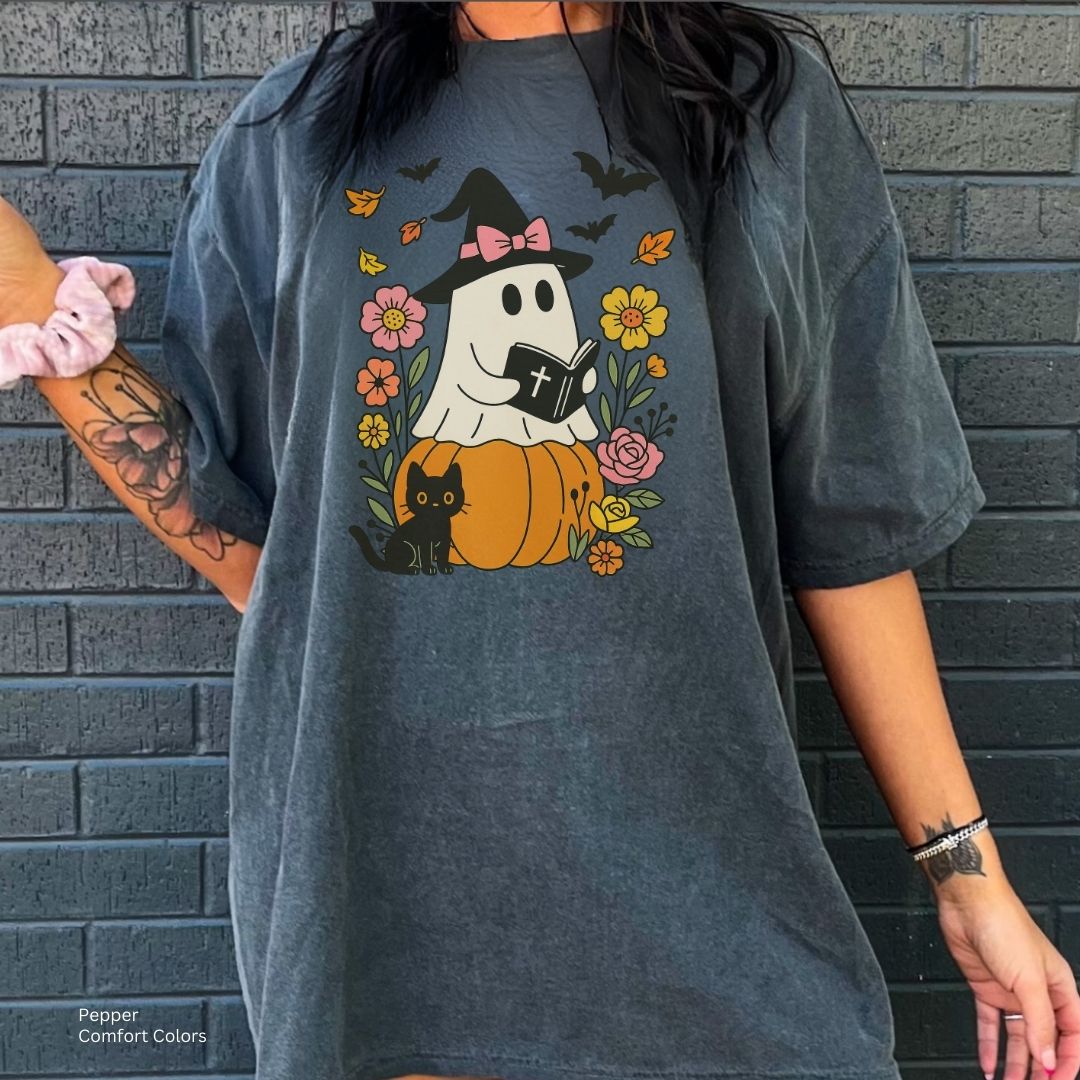 Ghost Reading Bible & Black Cat Unisex Tshirt