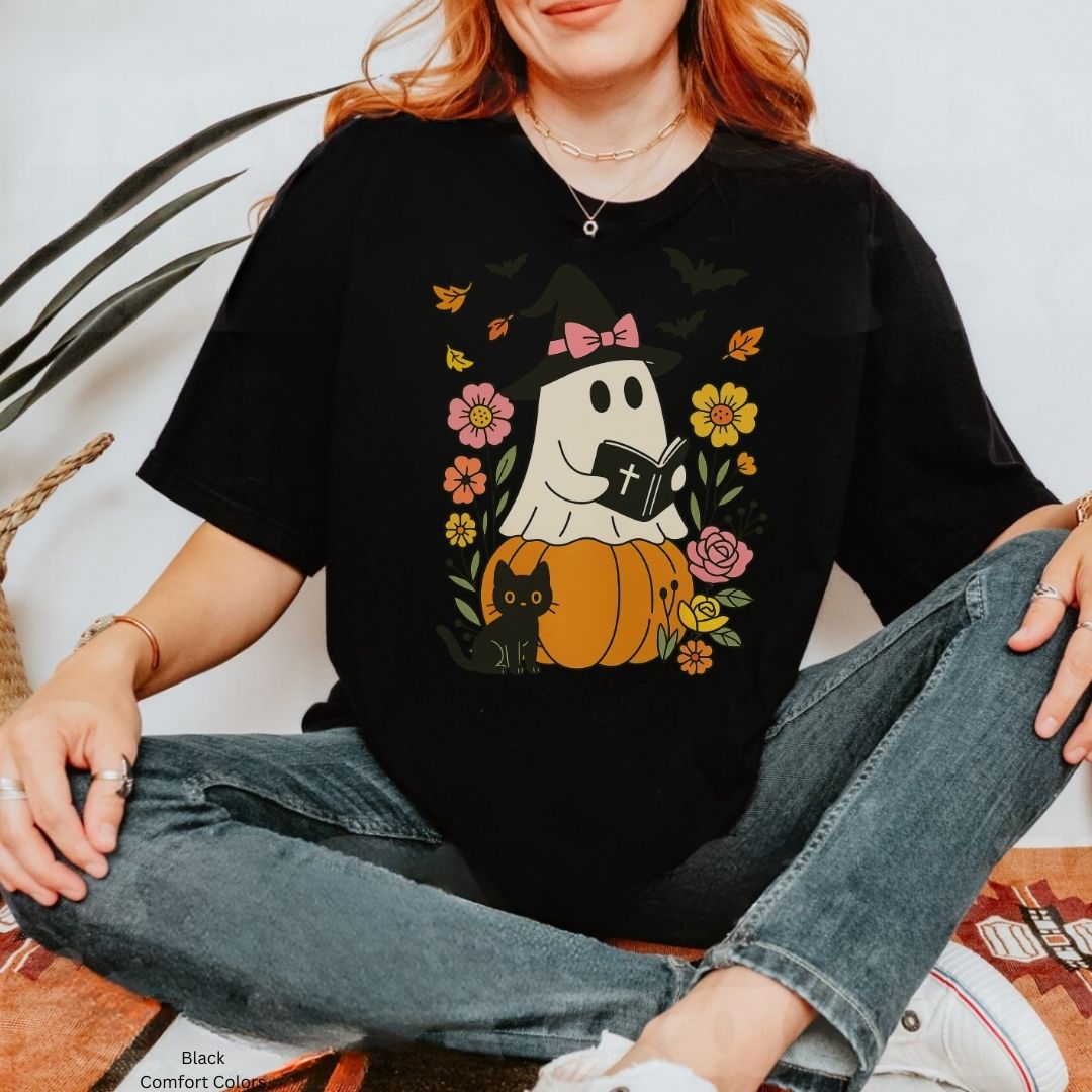 Ghost Reading Bible & Black Cat Unisex Tshirt
