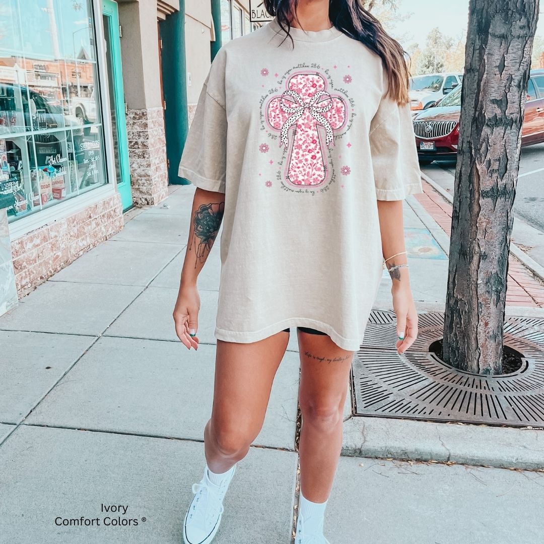 He Is Risen Pink Floral Toile Cross Unisex T-shirt