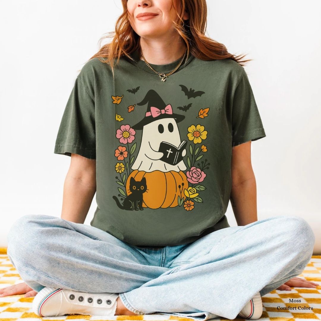Ghost Reading Bible & Black Cat Unisex Tshirt