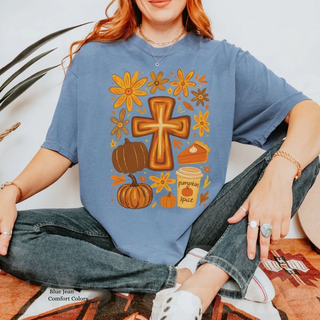 Fall Cross Unisex T-shirt with Pumpkin Spice Design