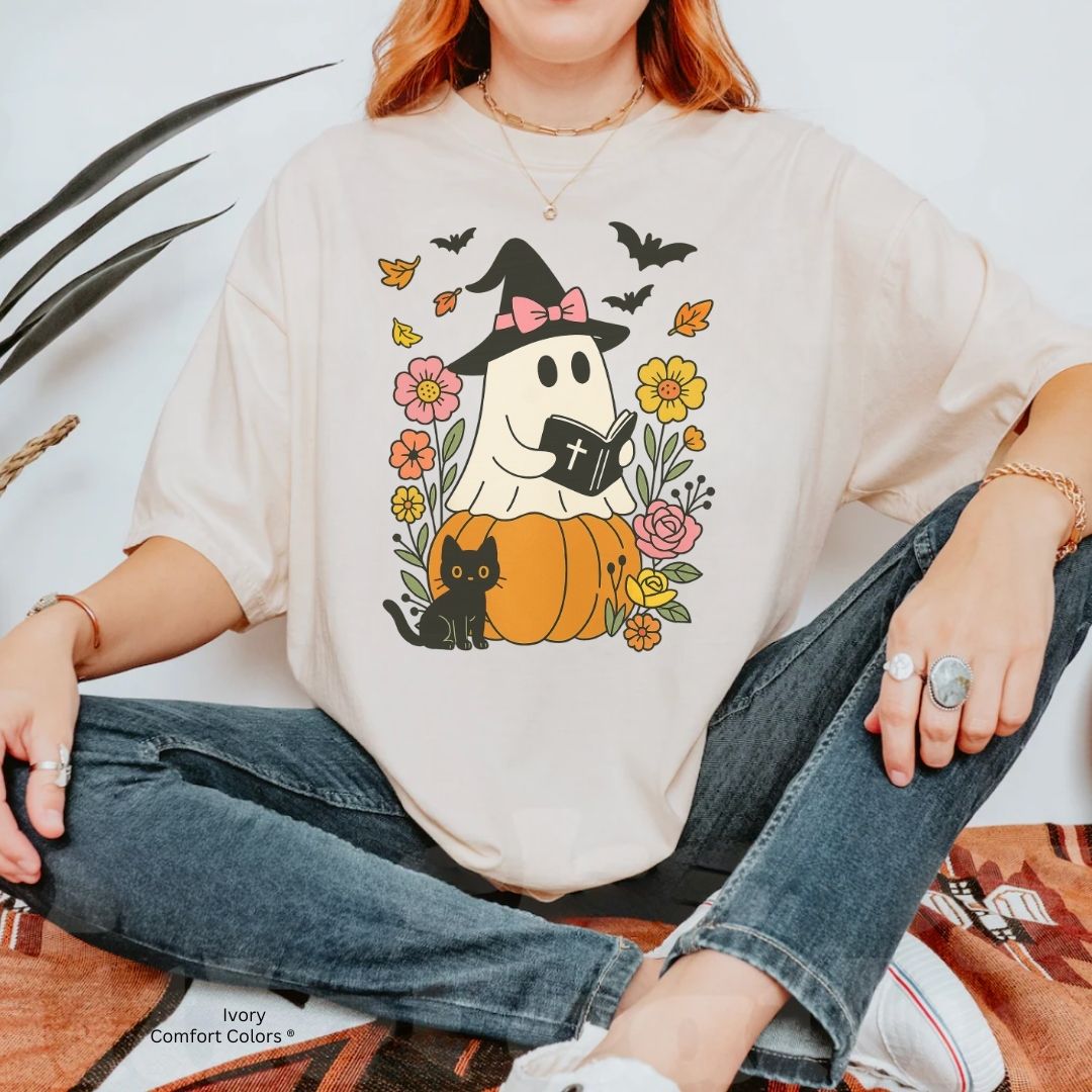 Ghost Reading Bible & Black Cat Unisex Tshirt