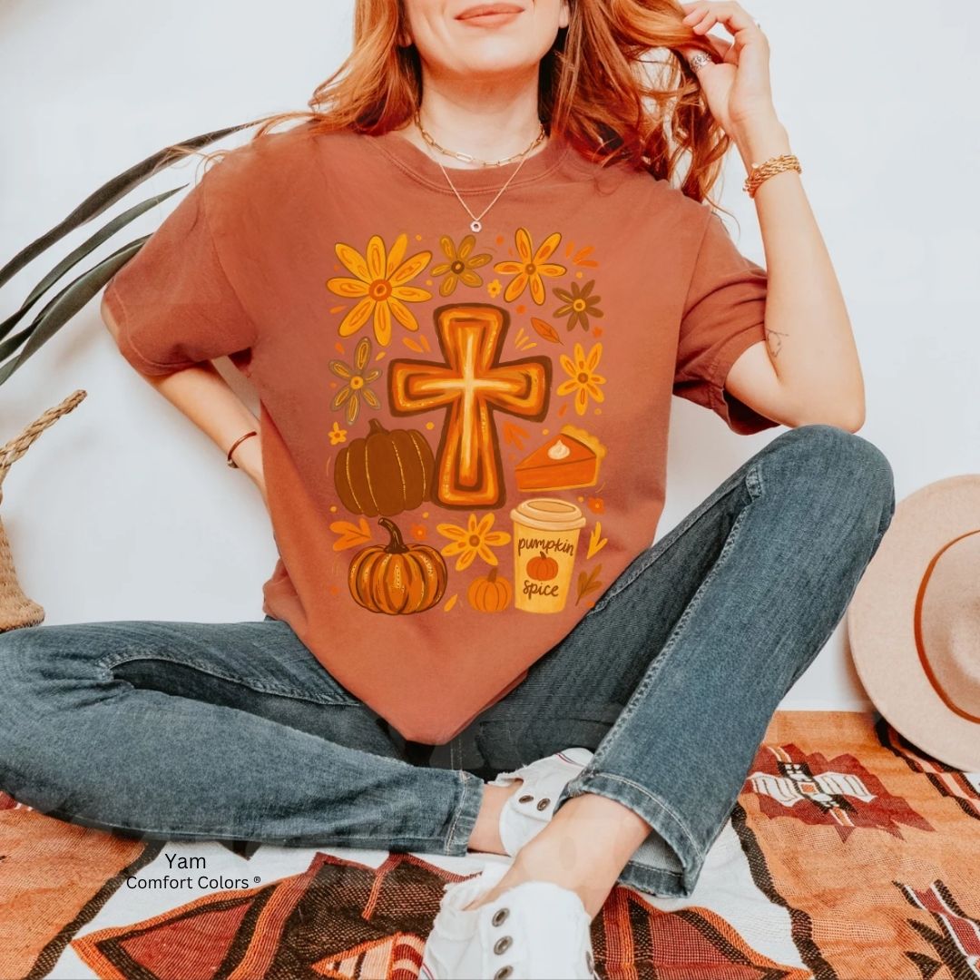 Fall Cross Unisex T-shirt with Pumpkin Spice Design