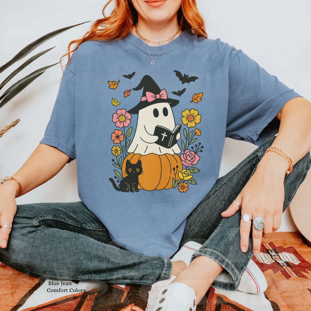 Ghost Reading Bible & Black Cat Unisex Tshirt