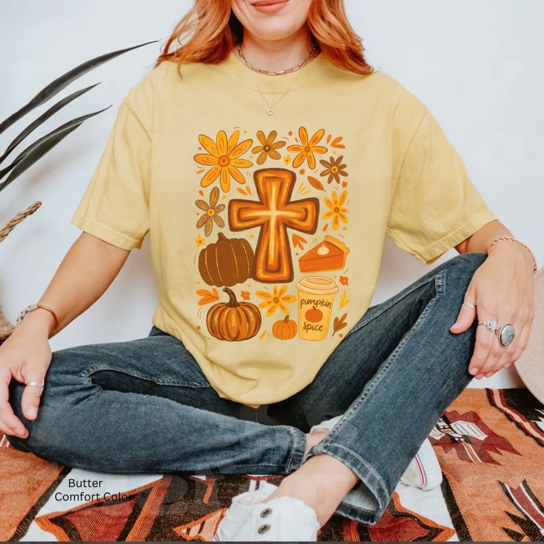 Fall Cross Unisex T-shirt with Pumpkin Spice Design