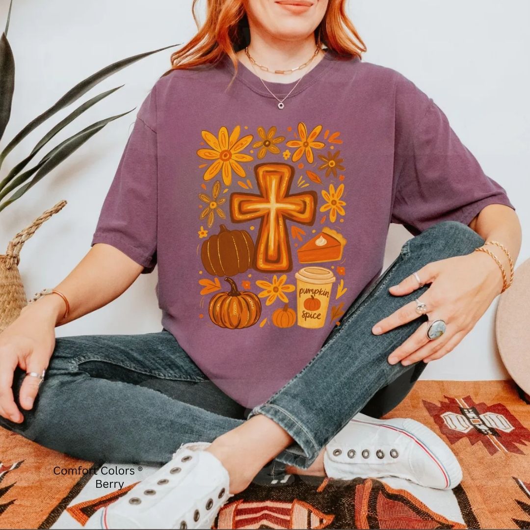 Fall Cross Unisex T-shirt with Pumpkin Spice Design