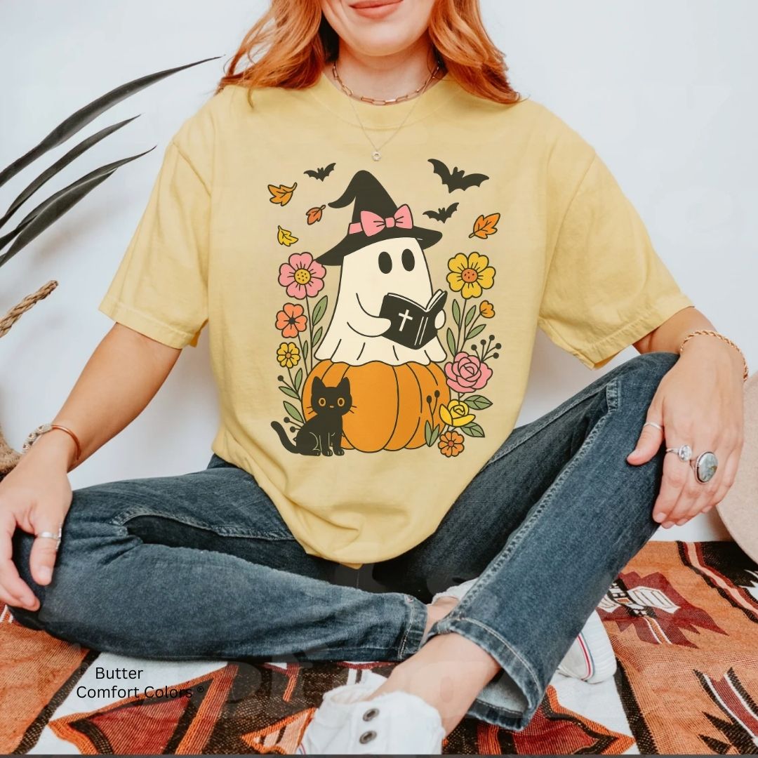 Ghost Reading Bible & Black Cat Unisex Tshirt