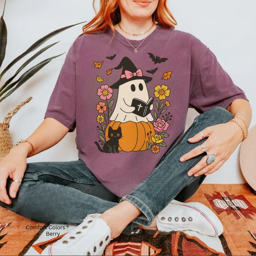 Ghost Reading Bible & Black Cat Unisex Tshirt