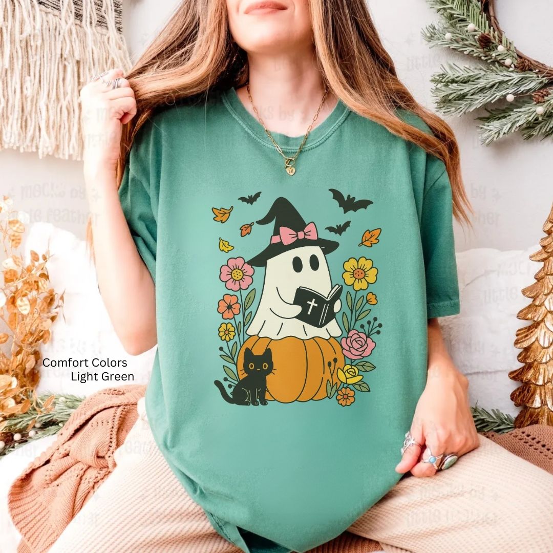 Ghost Reading Bible & Black Cat Unisex Tshirt
