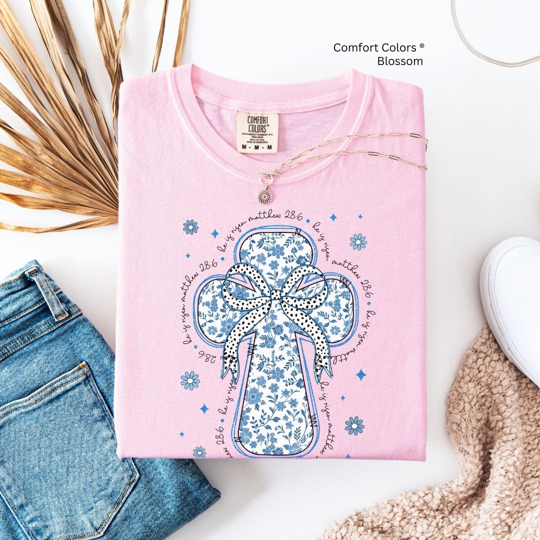 He Is Risen Blue Floral Toile Cross Unisex T-shirt