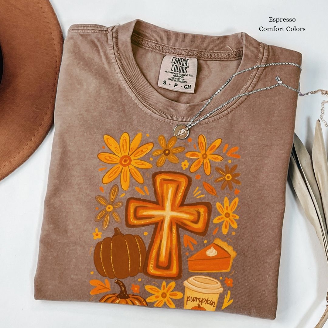 Fall Cross Unisex T-shirt with Pumpkin Spice Design