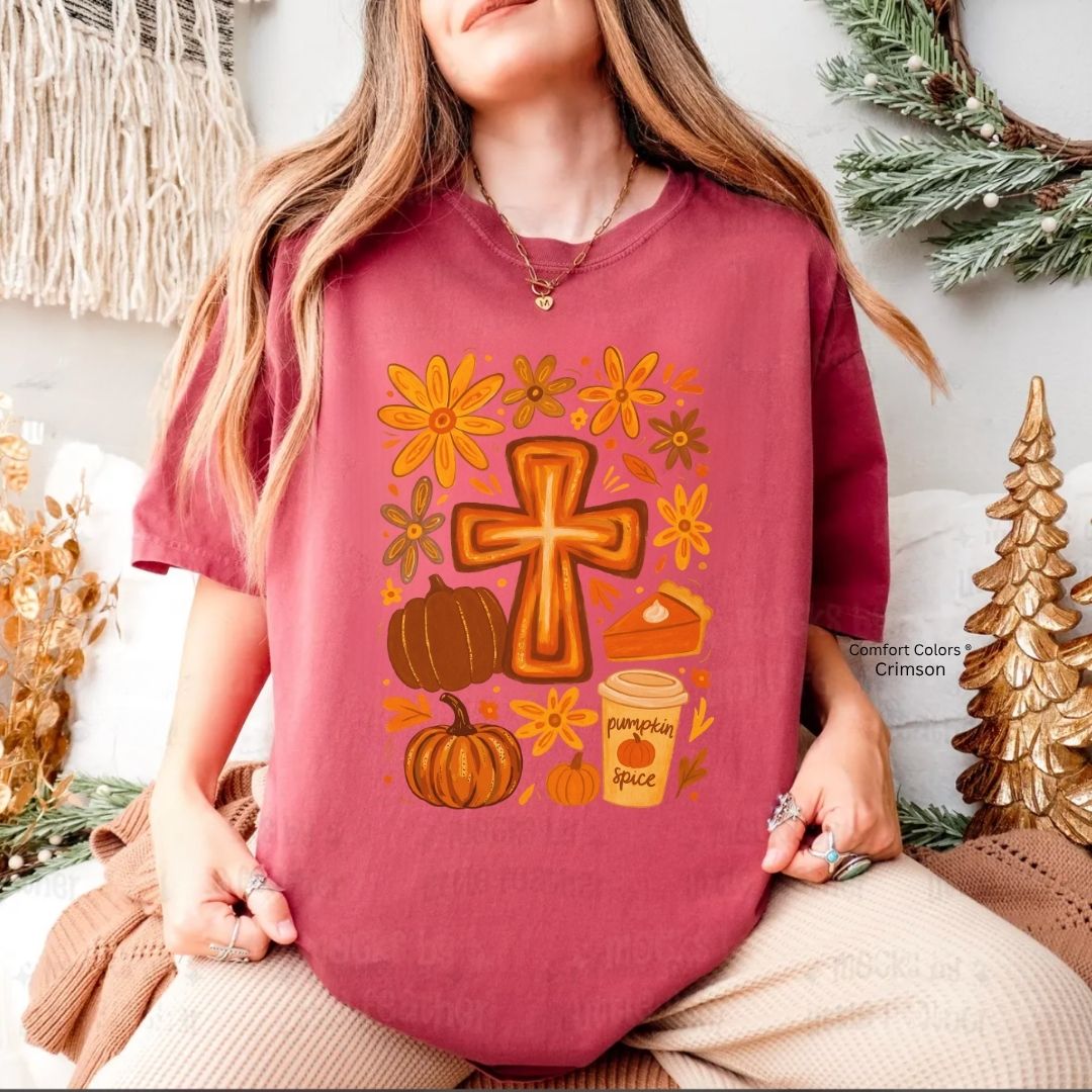 Fall Cross Unisex T-shirt with Pumpkin Spice Design