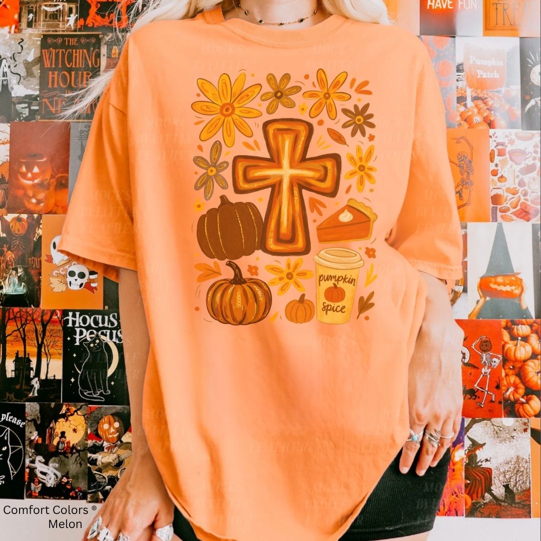 Fall Cross Unisex T-shirt with Pumpkin Spice Design