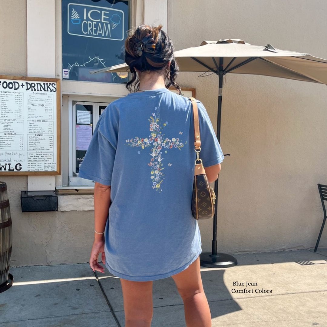 Floral Cross Unisex T-shirt with Butterflies