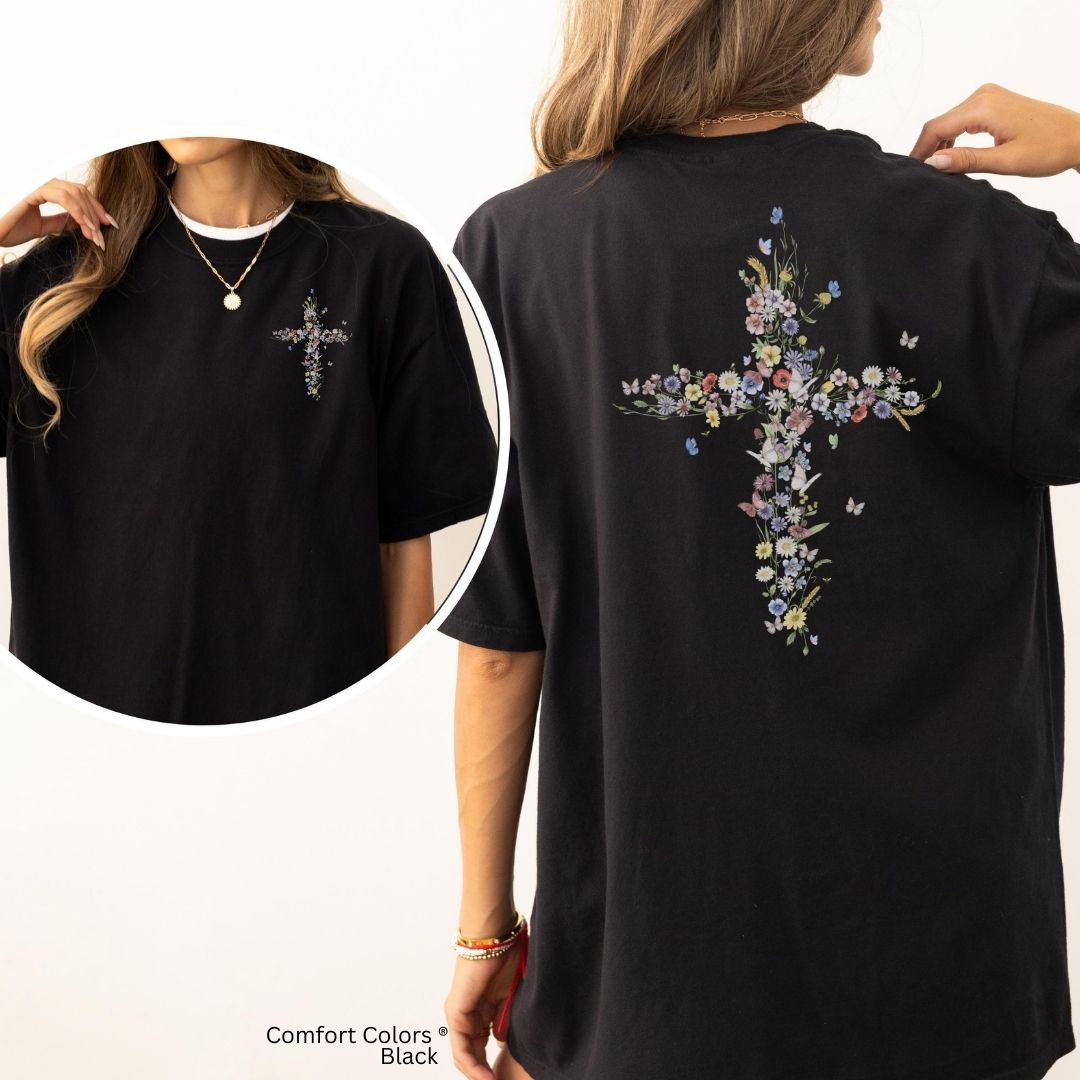 Floral Cross Unisex T-shirt with Butterflies