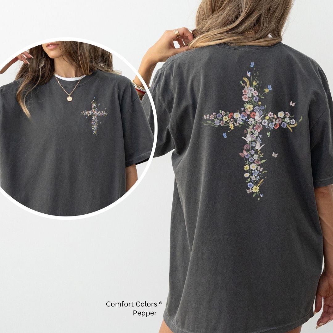 Floral Cross Unisex T-shirt with Butterflies
