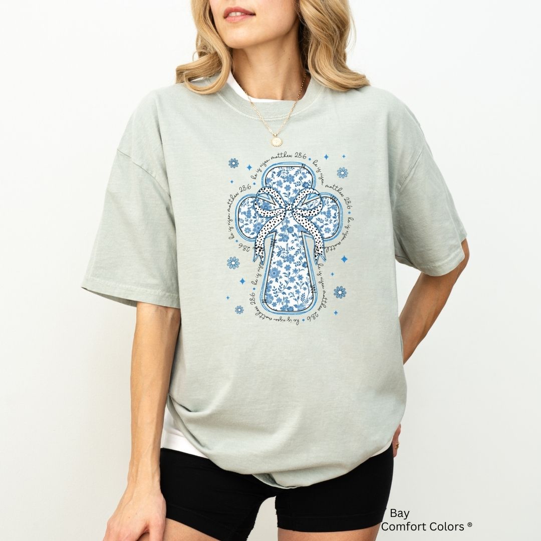 He Is Risen Blue Floral Toile Cross Unisex T-shirt
