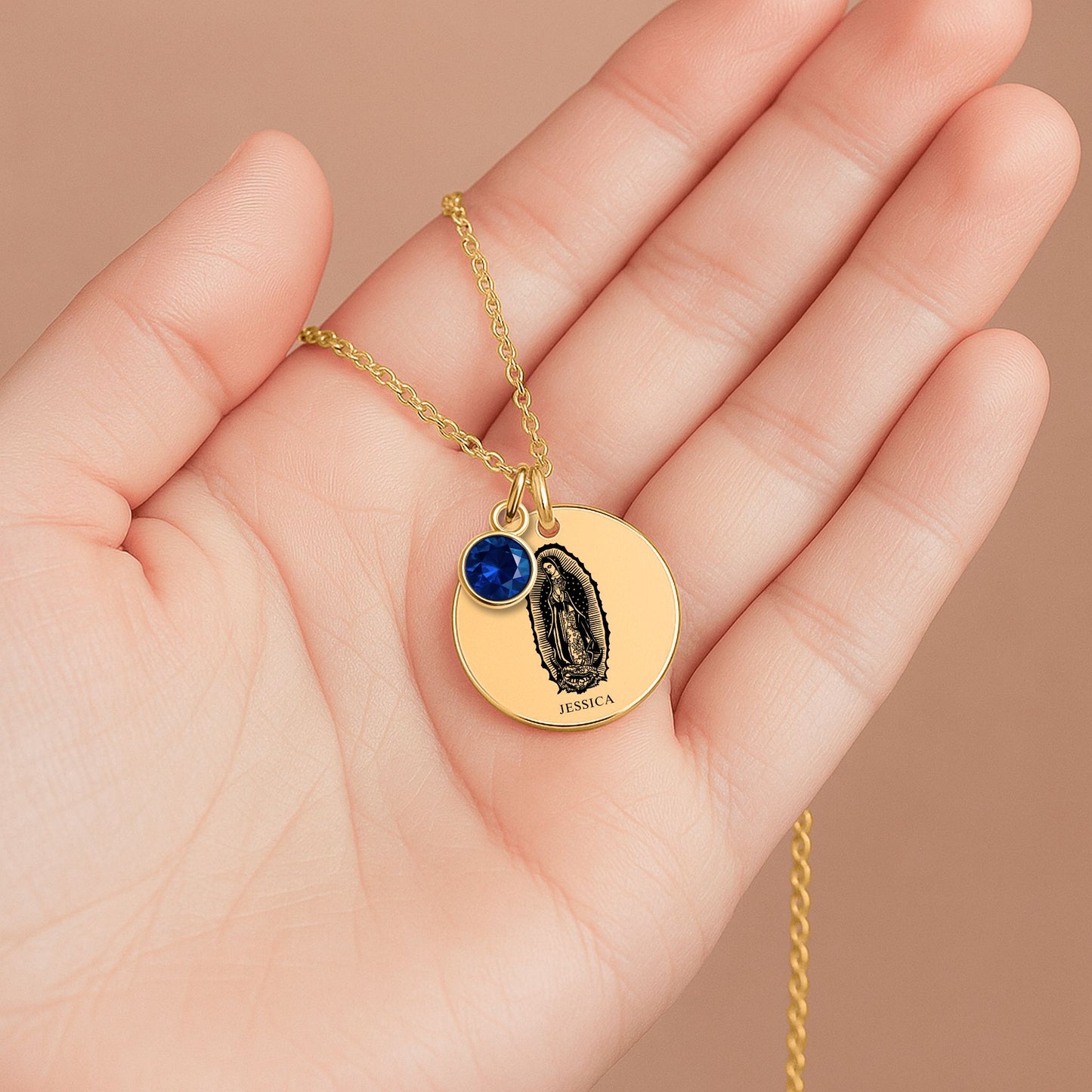 Custom Virgen Mary Coin Necklace With Birthstone