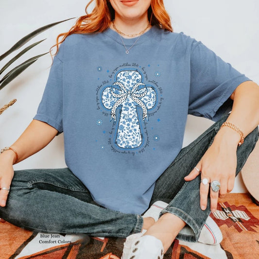 He Is Risen  Blue Floral Toile Cross Unisex T-shirt