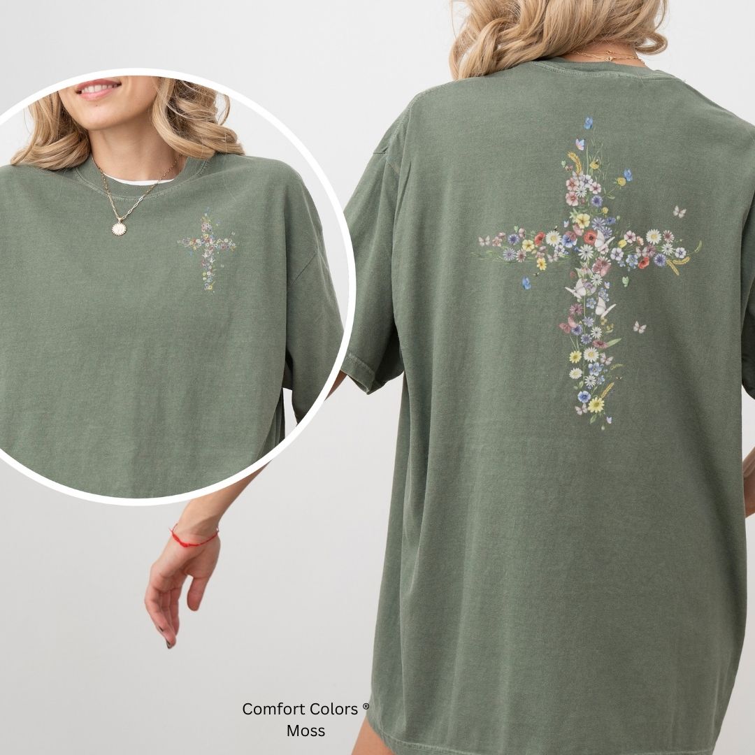 Floral Cross Unisex T-shirt with Butterflies