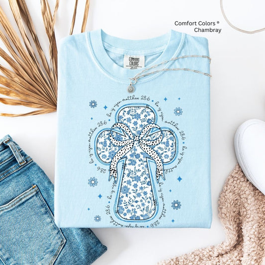 He Is Risen  Blue Floral Toile Cross Unisex T-shirt