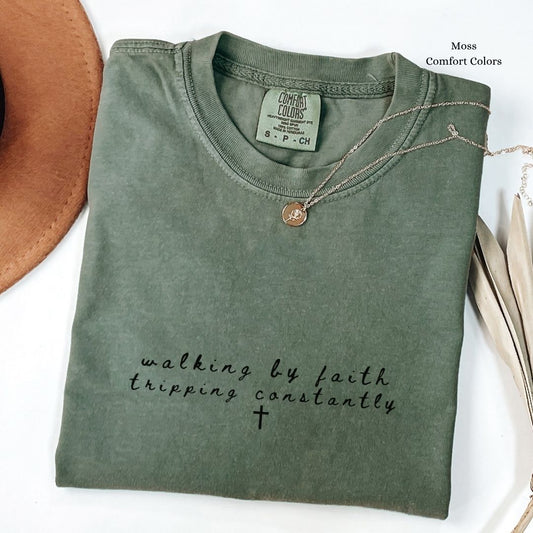 Walking by Faith, Tripping Constantly – Minimalist Christian Doodle Tee
